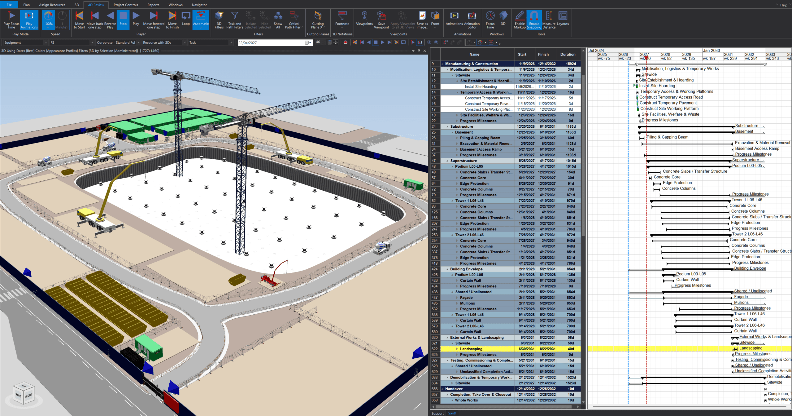 4D planning workspace linking the 3D model to the Gantt chart